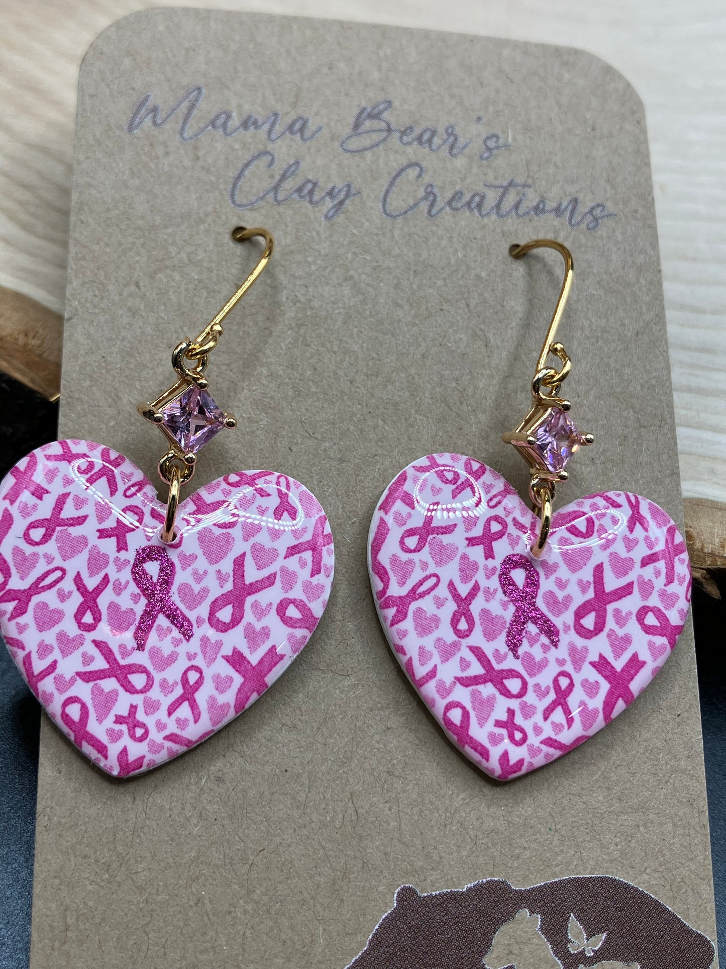 Holographic Breast Cancer Hearts - Pink cz