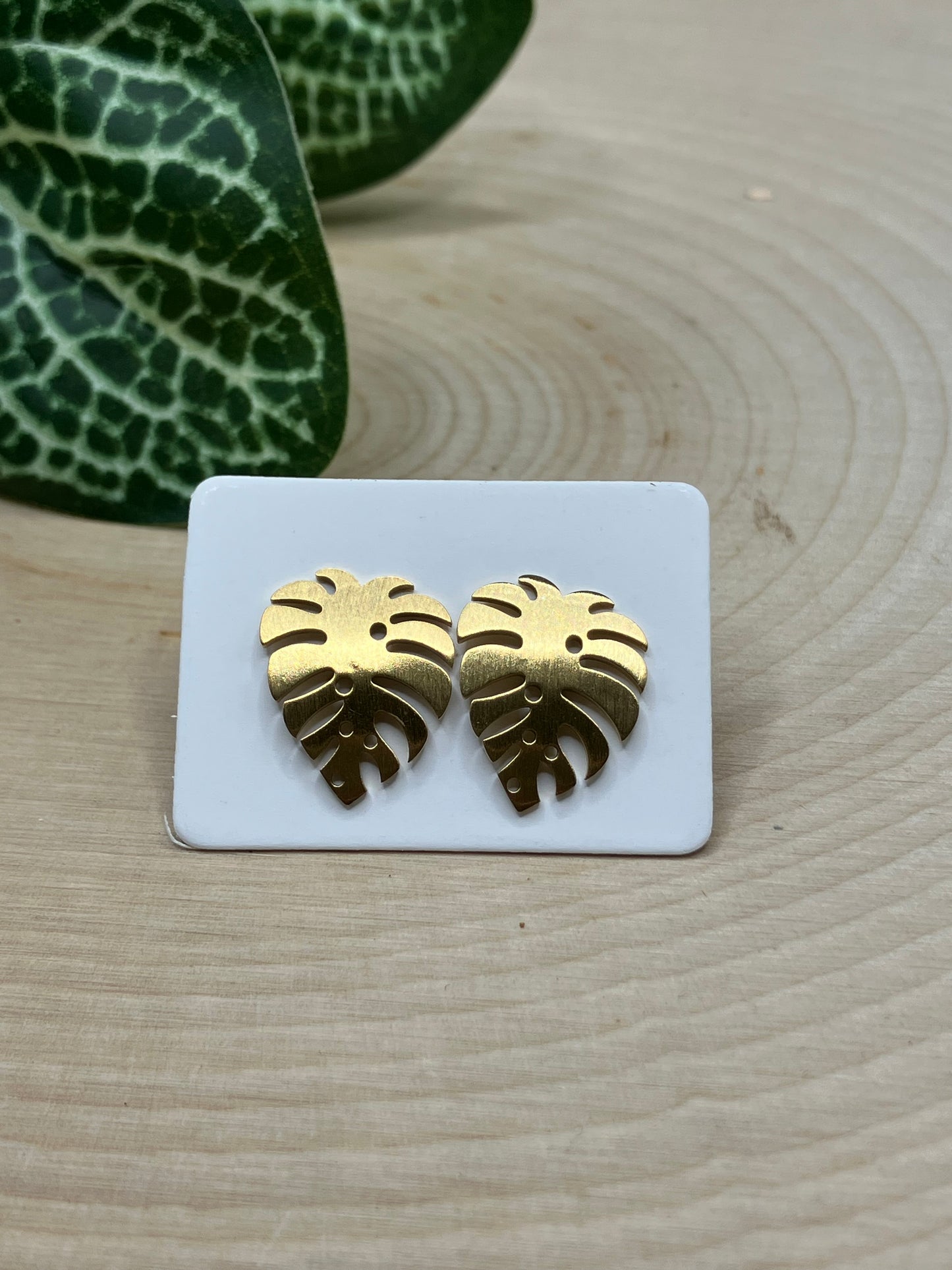 Large Curved Monstera Leaf Stud - Gold Tone