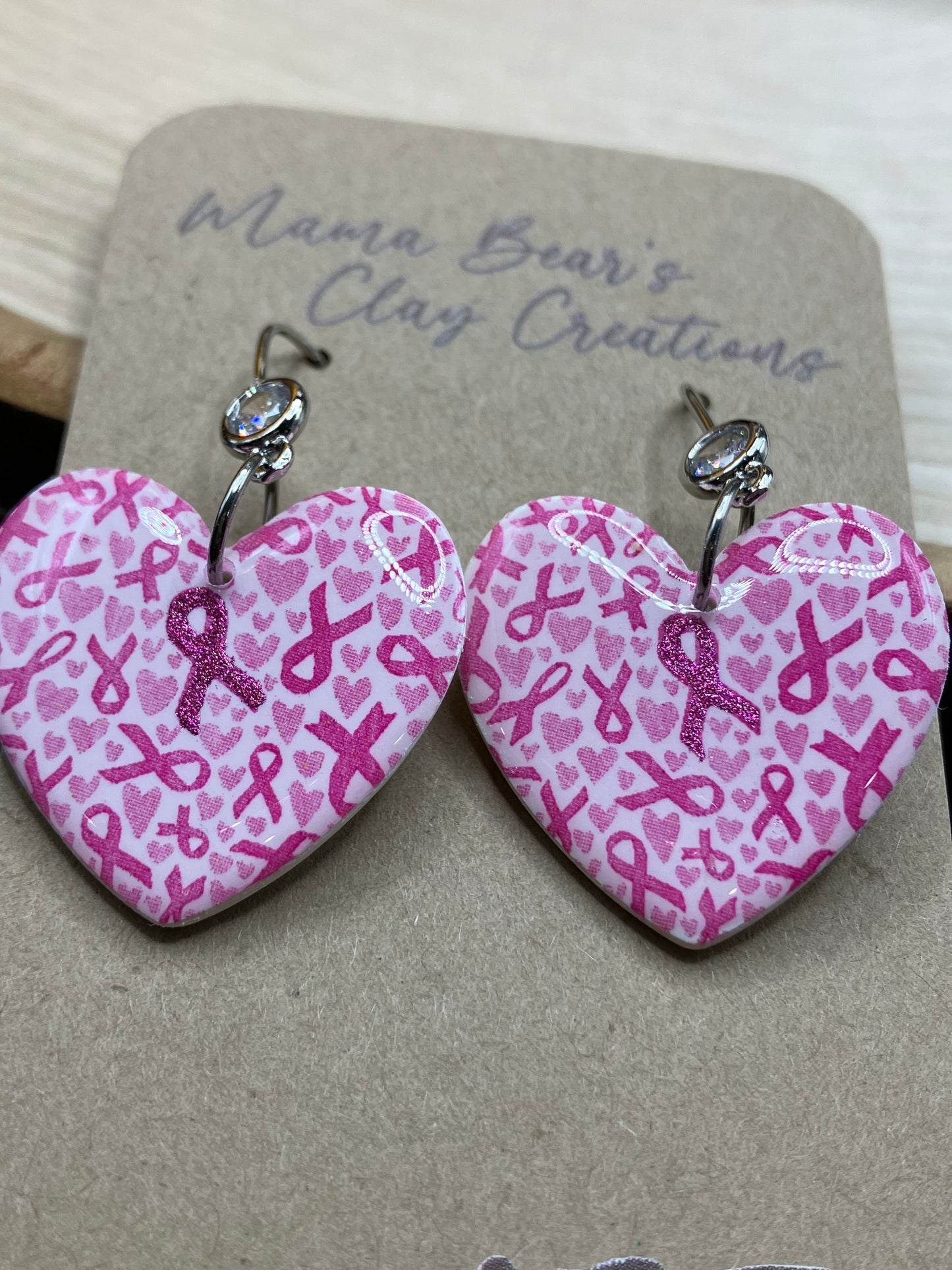 Holographic Breast Cancer Hearts - silver plated