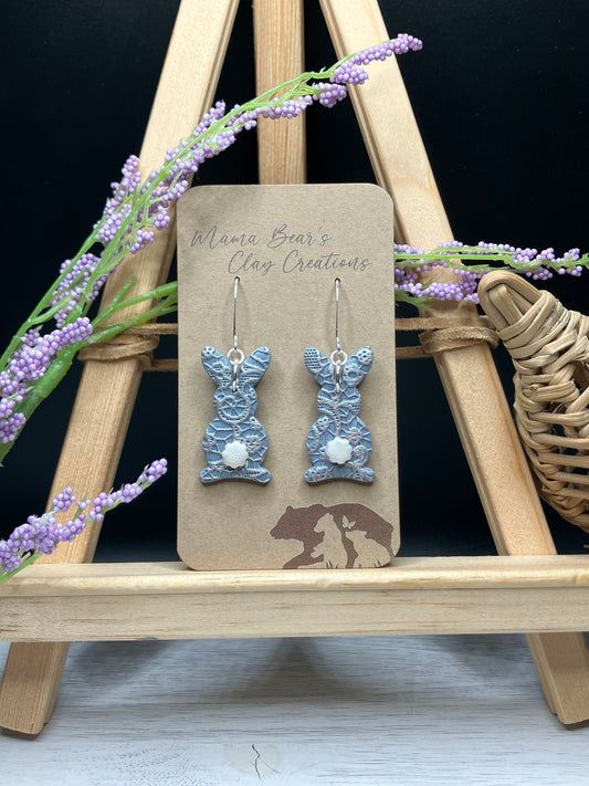 Lace Textured Metallic Easter Bunnies - Dusty Blue