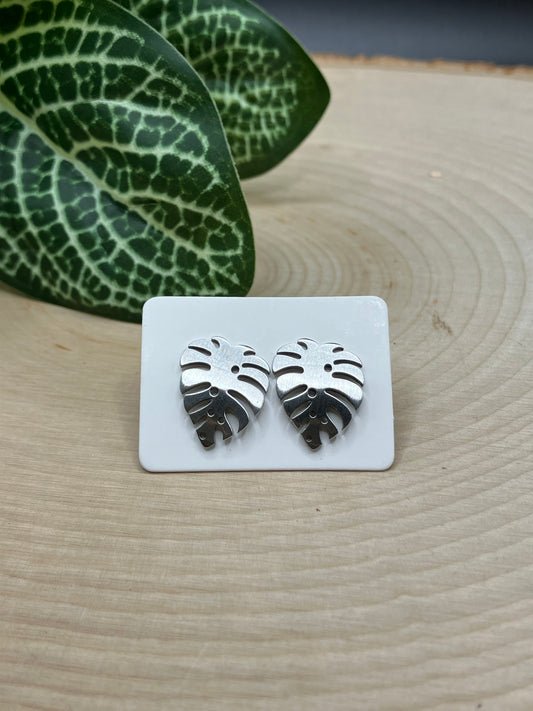 Large Curved Monstera Leaf Stud - Silver Tone