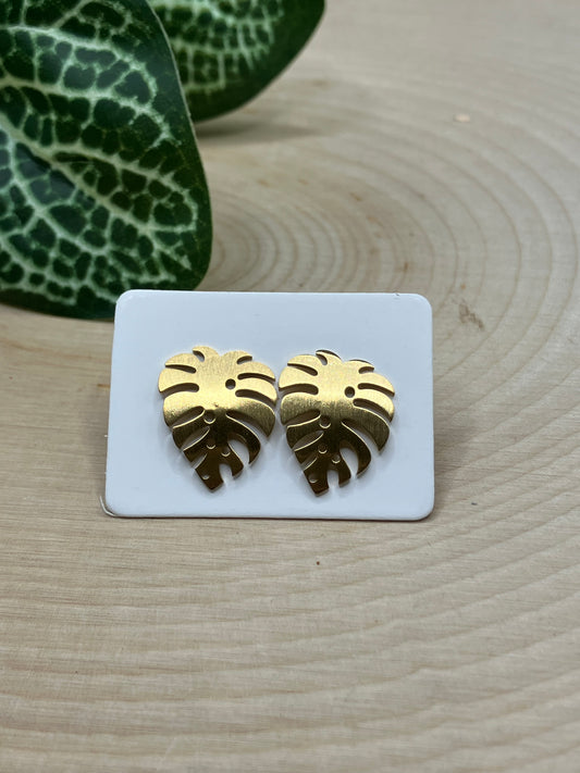 Large Curved Monstera Leaf Stud - Gold Tone