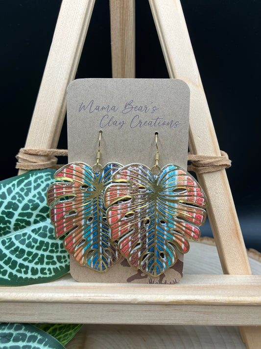 Distressed Rainbow Monstera Statement Dangle