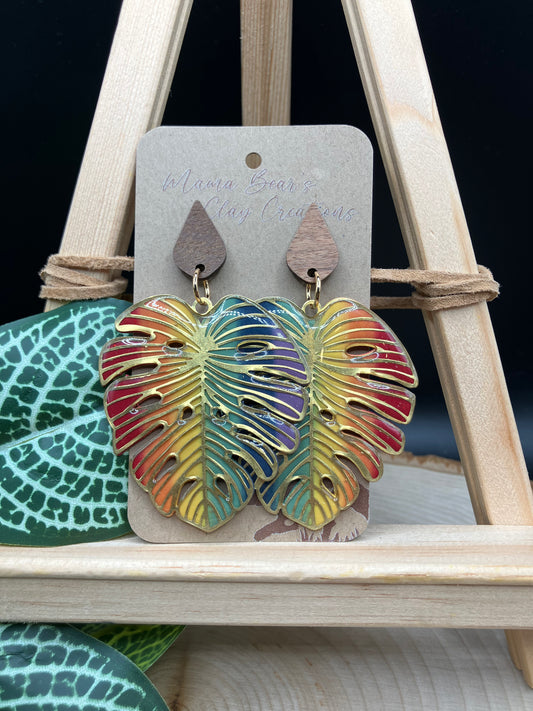 Rainbow Monstera Statement Dangle