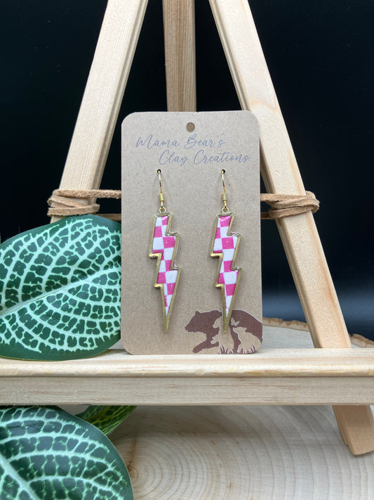 Checkered Lightning Bolt Dangle - Pink