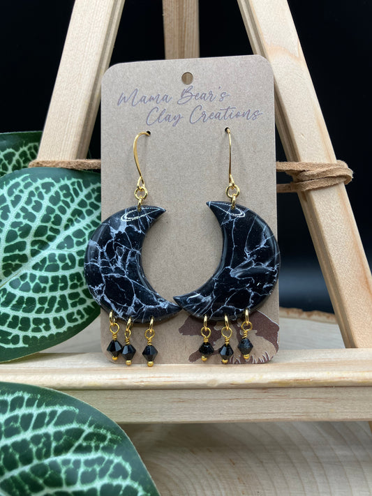 Black Marble Beaded Moons - Jet