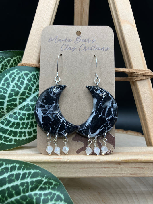 Black Marble Beaded Moons - Pearl AB
