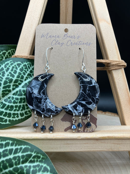 Black Marble Beaded Moons - Jet AB